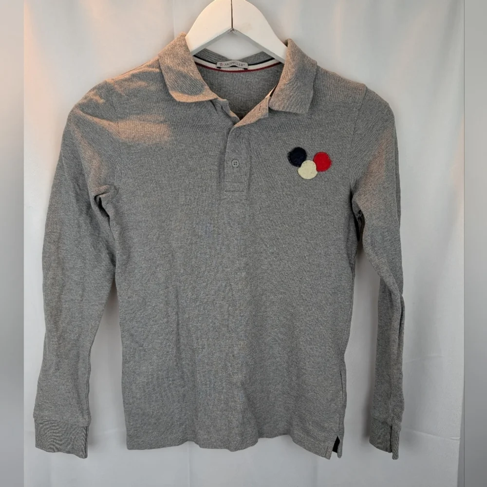 Moncler Gray Long Sleeve Polo Shirt with Colorful Patch Size 12 In VGUC